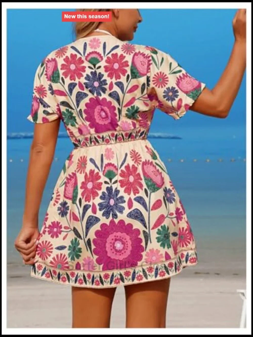Floral Tropical Swimsuit Cover Up Deep V Neck Short Sleeve Boho Beach Sun Dress
